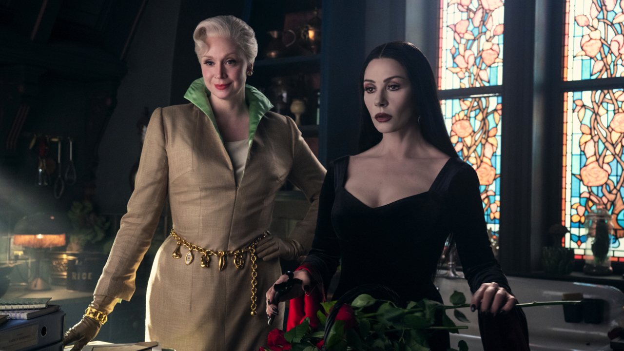 (L to R) Gwendoline Christie as Principal Weems, Catherine Zeta-Jones as Morticia Addams in episode 205 of 'Wednesday'. Photo: Helen Sloan/Netflix © 2025.